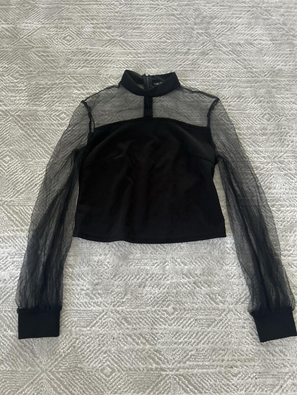 Shein Women’s Sheer Sleeve Black Blouse Long Sleeved W/Collar Size Medium